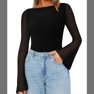 Boat Neck Bell Sleeve Sheer Mesh Going Out Bodysuit Tops
